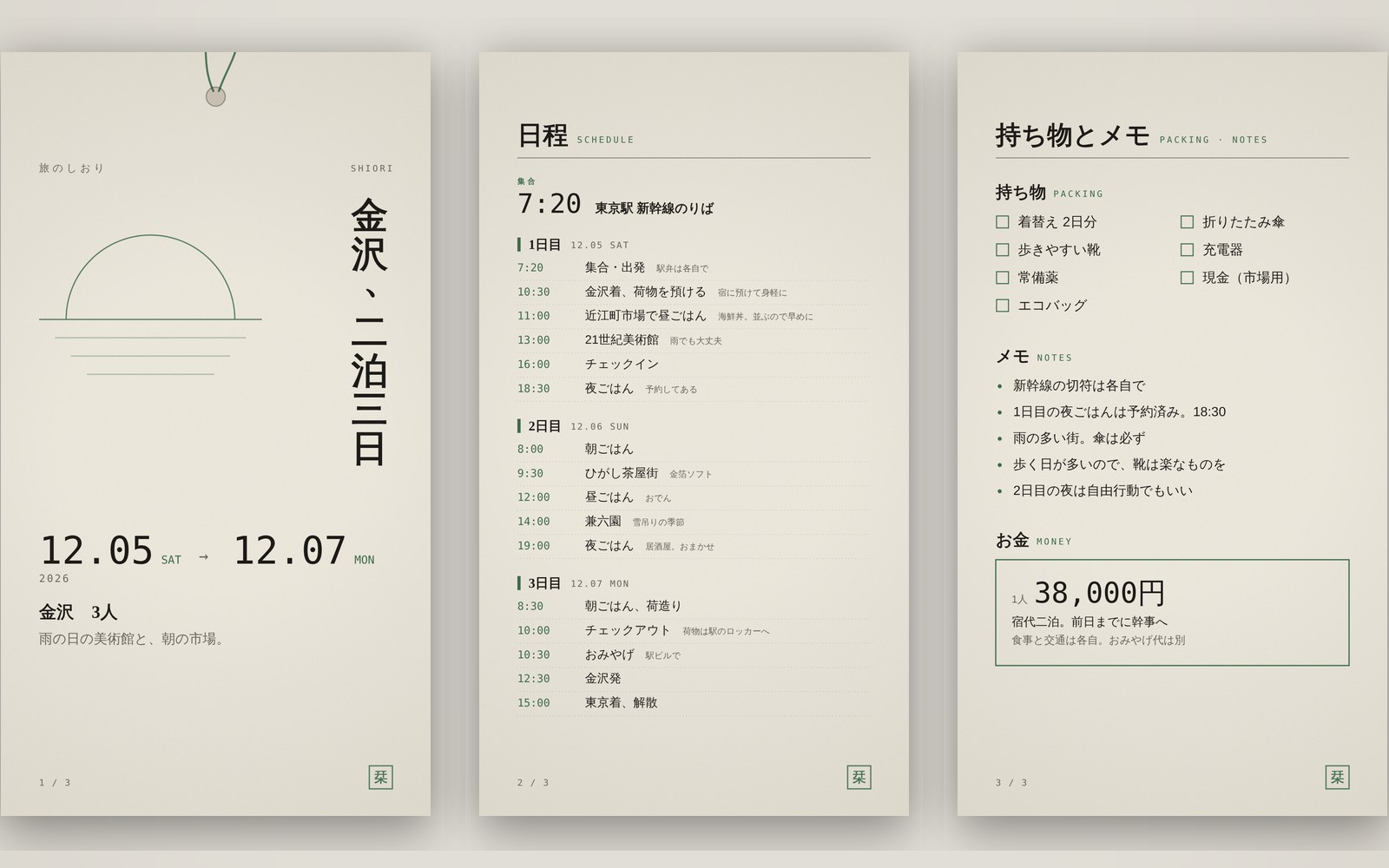Three pages of a trip itinerary: cover, schedule, packing and notes