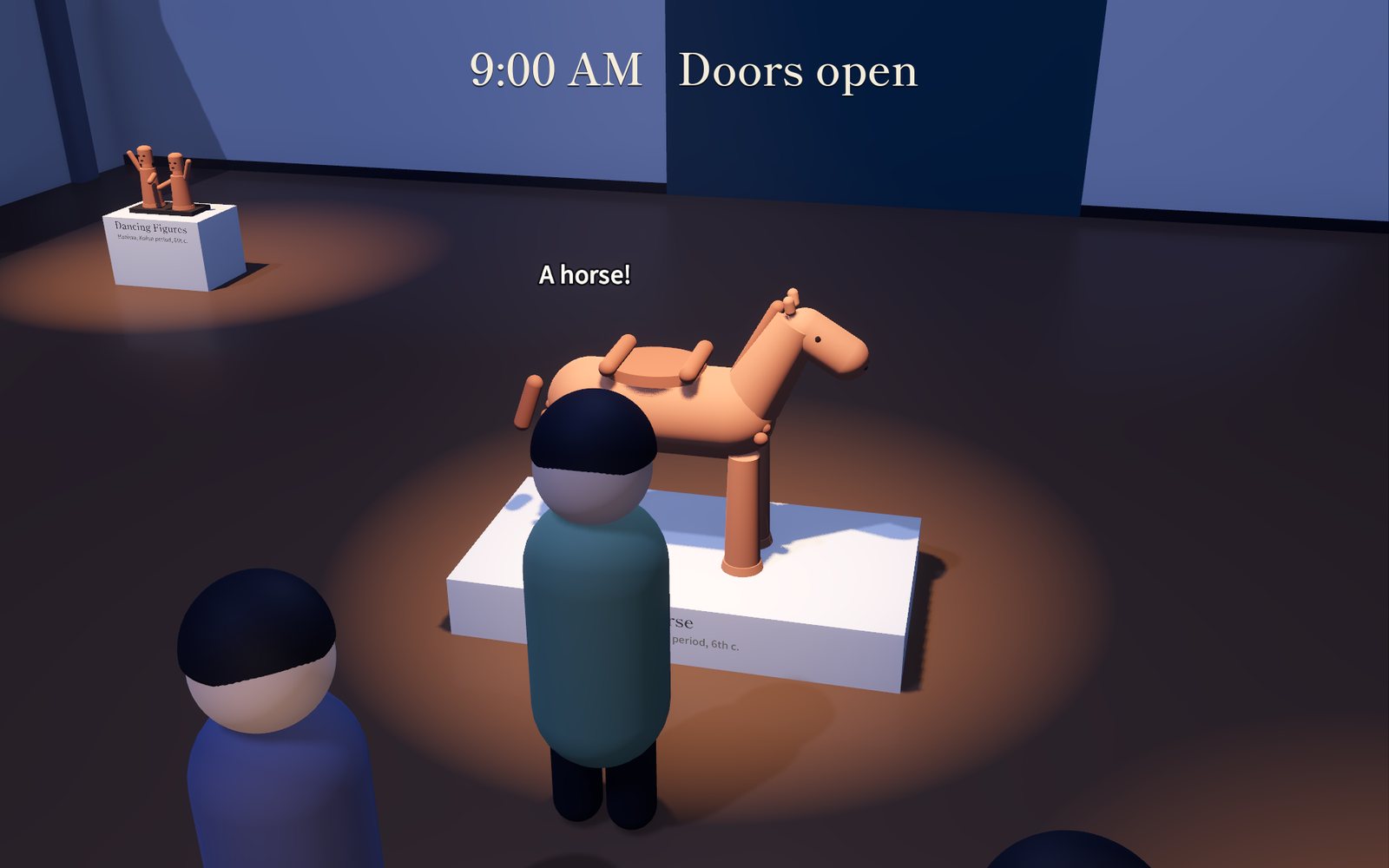The Haniwa special exhibition: a clay horse, dancing figures, a dog, a goggle-eyed figure and a bronze bell on plinths