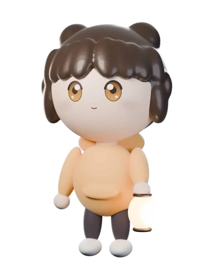 Akari: a small figure with two buns in an amber hoodie, holding a glowing paper lantern