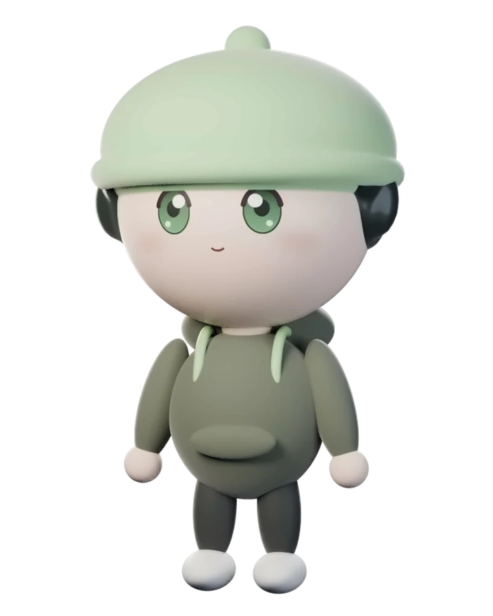 Jun: a small figure in a green knit hat with a pompom, a hoodie and a backpack