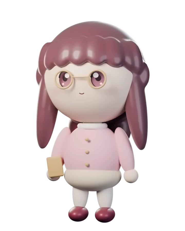 Madoka: a small figure with long rose-brown hair, round glasses and a notebook