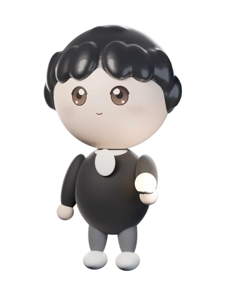Tadahiro: a small figure with short black hair in a black coat and grey trousers, holding a glowing lamp