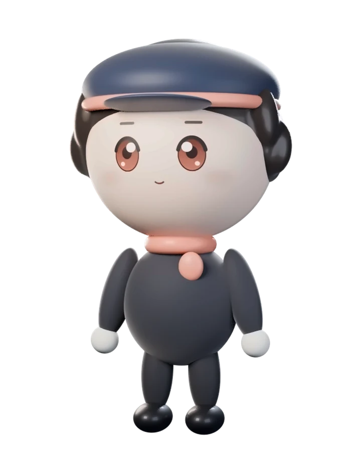 Yusuke: a small figure in a driver's cap, a dark jacket, a coral scarf and white gloves