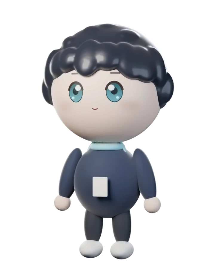 Yutaro: a small figure in a navy jacket with a pass on a light blue cord